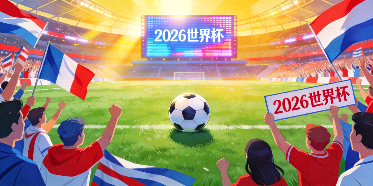 2026世界杯概念图，绿色草坪上足球与欢呼的球迷